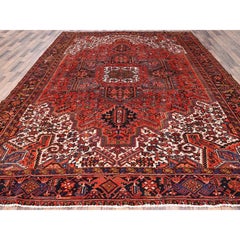 10'x13'2" Fire Brick Red, Pure Wool, Hand Knotted Semi Antique Farsian Heriz Rug