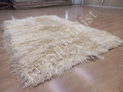 10x13.2 Ft Shag Pile Rug Made of Natural Cream Mohair Wool. Handmade Tulu Carpet