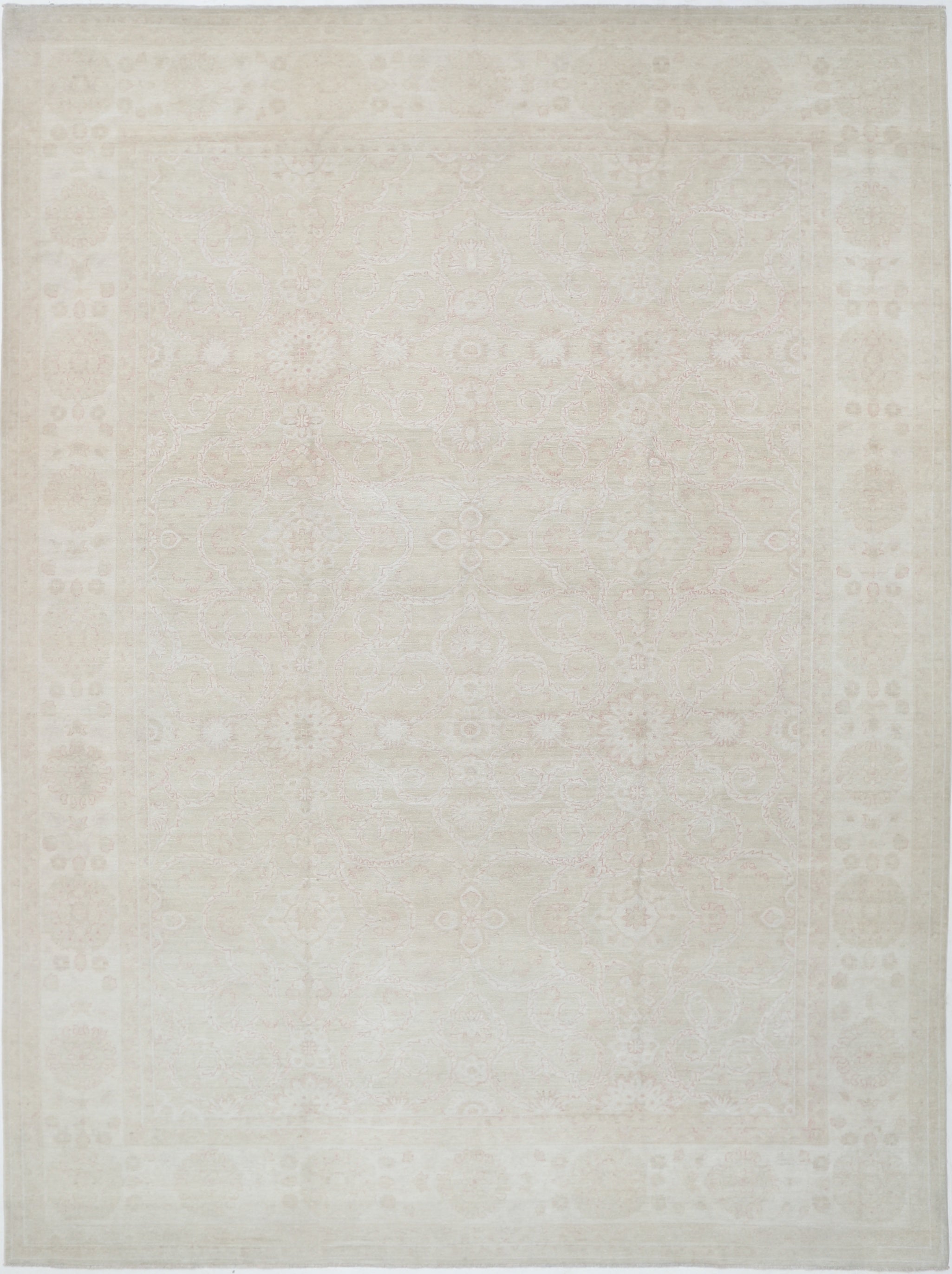 10x13.2 ft Traditional Hand Knotted Beige Wool Area Rug for Large Living Room