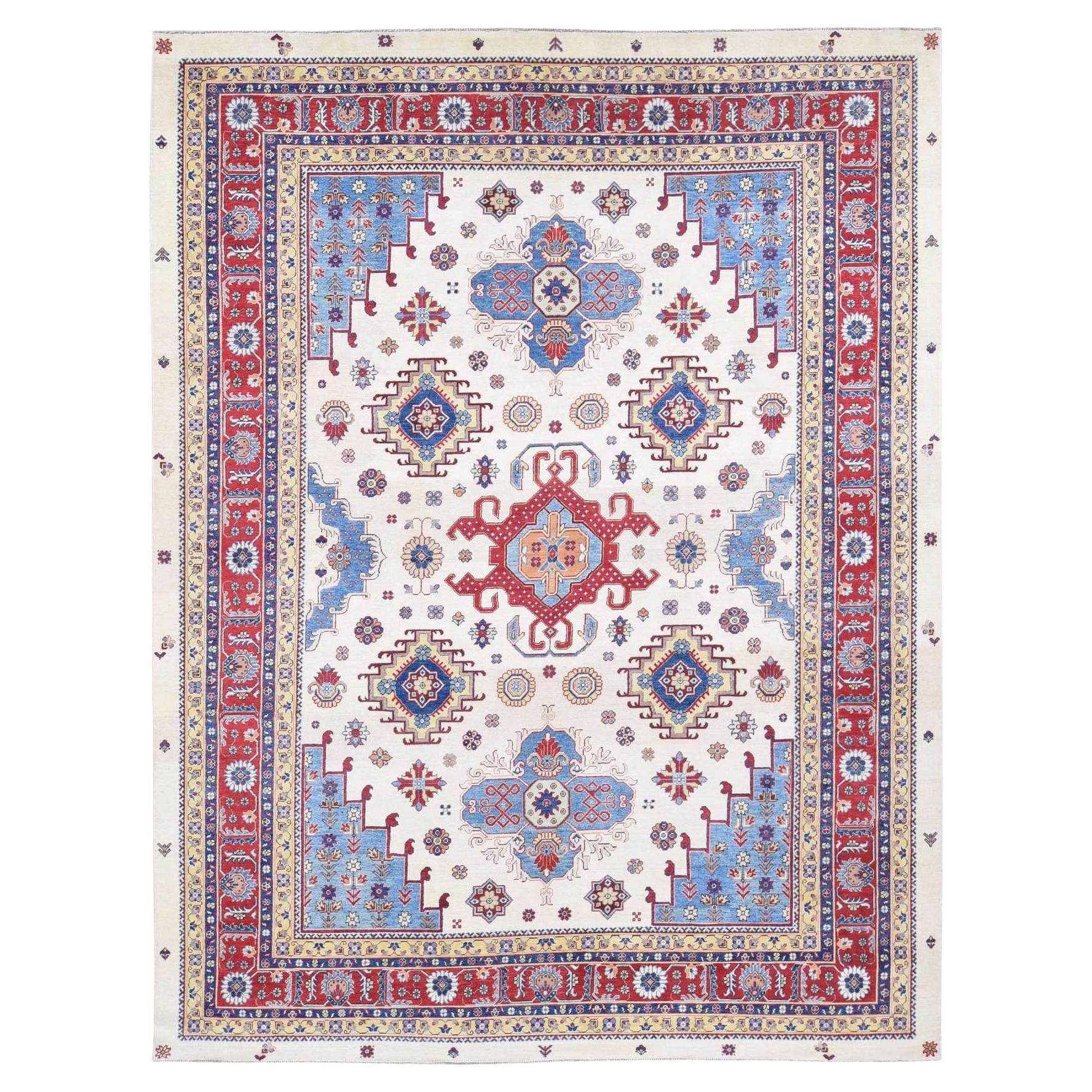 10'x13'3" Ivory, Special Kazak with Geometric Design, Pure Wool Hand Knotted Rug