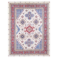 10'x13'3" Marfil, Especial Kazak con Diseño Geométrico, Alfombra Anudada a Mano de Pura Lana
