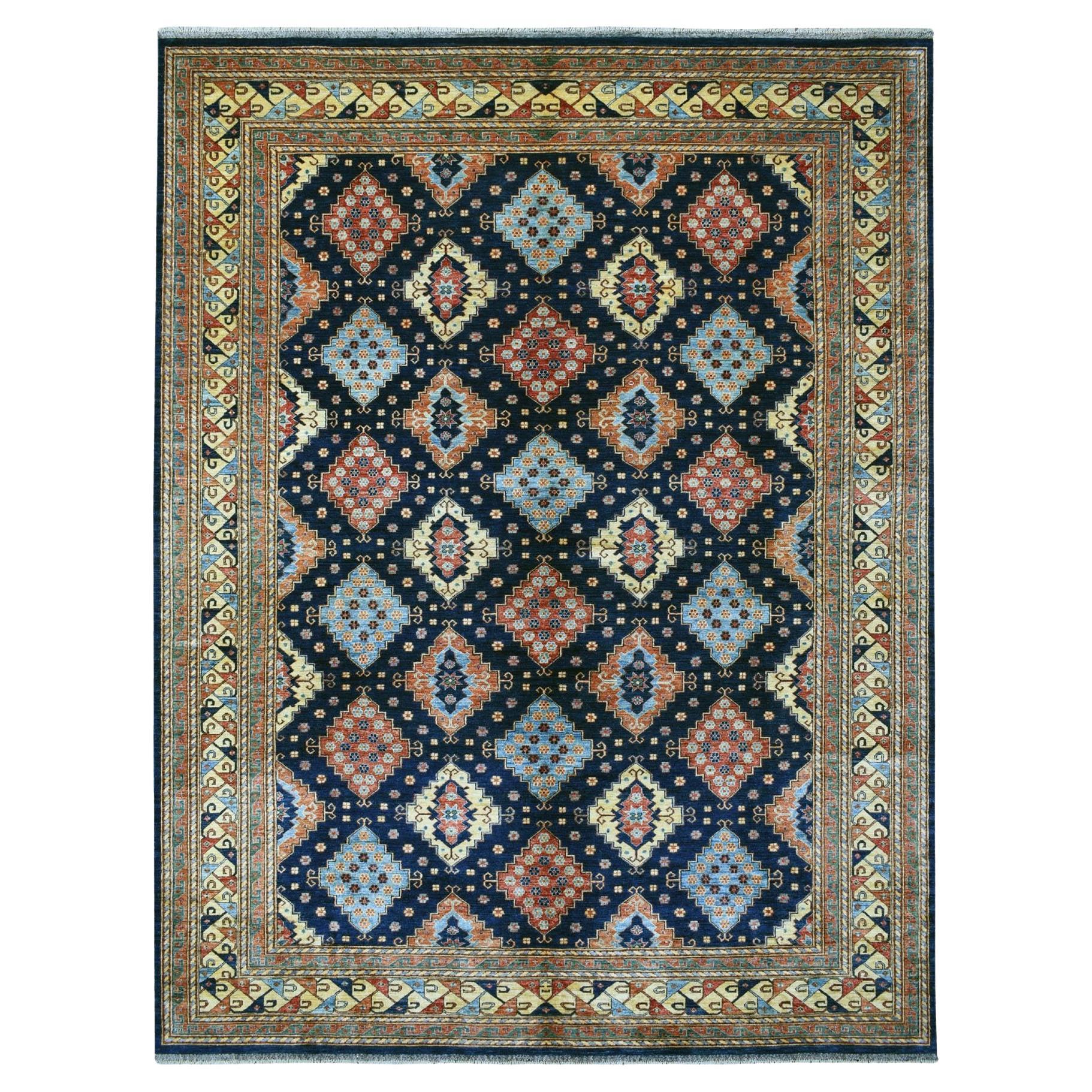 Alfombra afgana Ersari de lana pura anudada a mano con diseño geométrico azul marino 10
x13
3