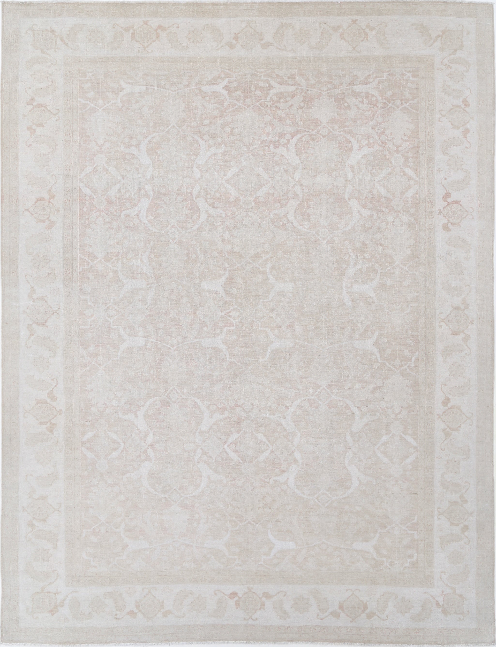 10x13.4 ft Handknotted Beige, Blush Wool Area Rug. Turkish Geometric Carpet