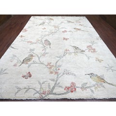 10'x13'4" Ivory Hand Knotted Sparrows on the Tree Peshawar All Wool Oriental Rug