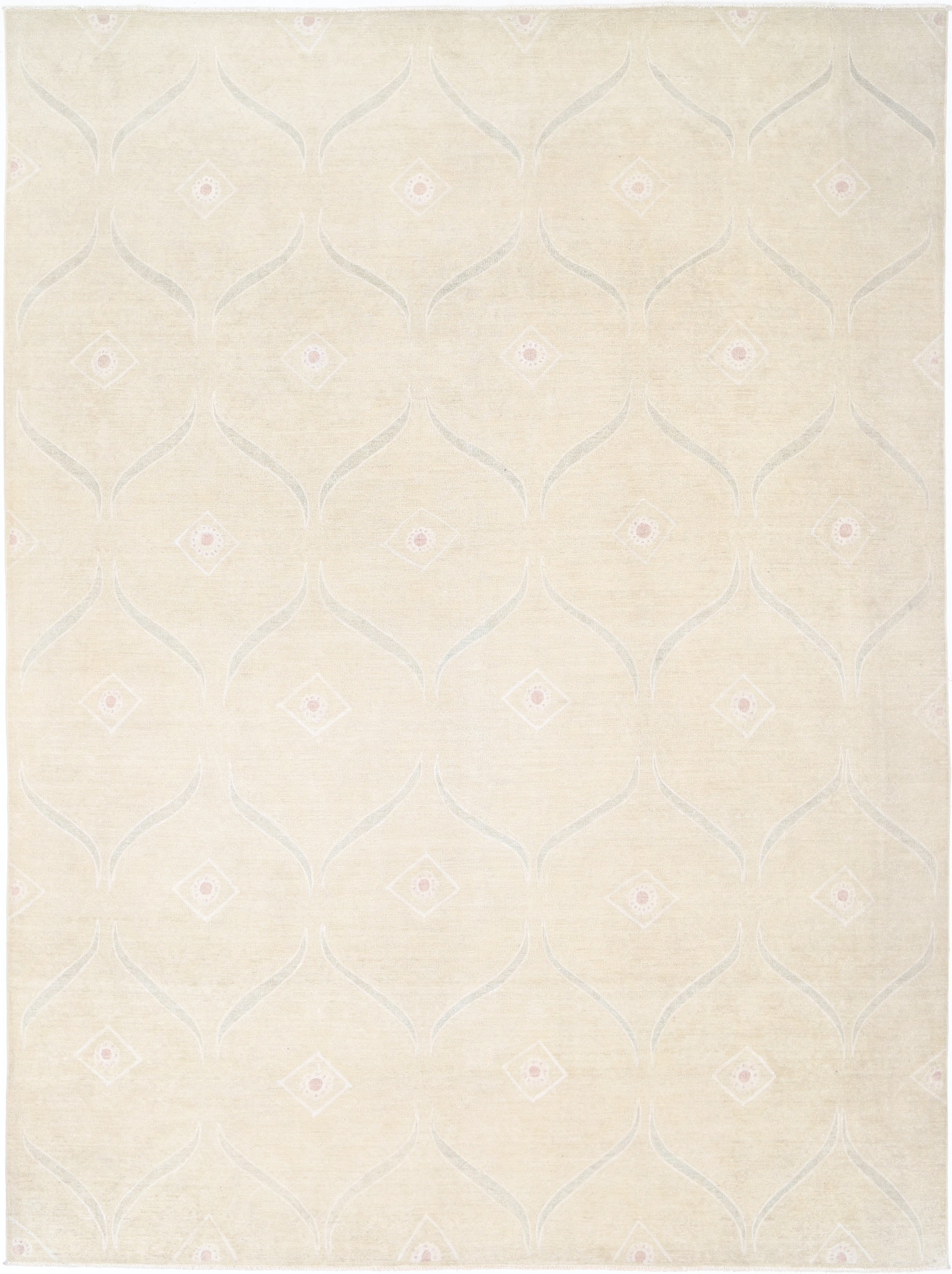10x13.5 ft Handknotted Geometric Turkish Rug, Decorative Beige Wool Carpet