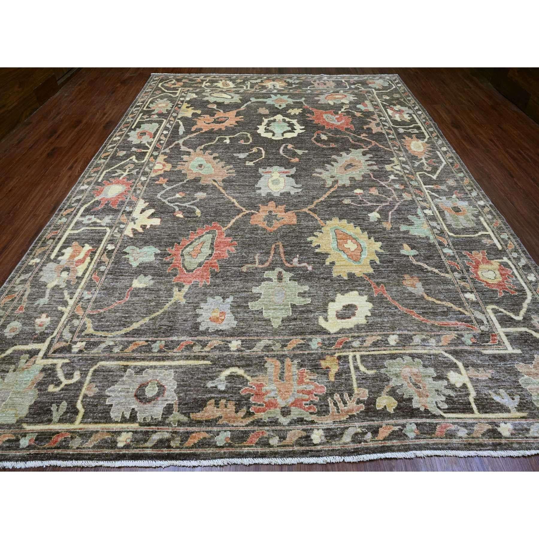 Mocha Brown, Afghan Angora Oushak with Soft Colors Leaf Design, Hand Knotted, Vegetable Dyes, 100% Wool, Oriental Rug
Primary materials: Wool
Latex: No Pile 
height: 0.25 Inches
Style: Transitional
Primary color: Brown
Secondary colors: Red, Orange,