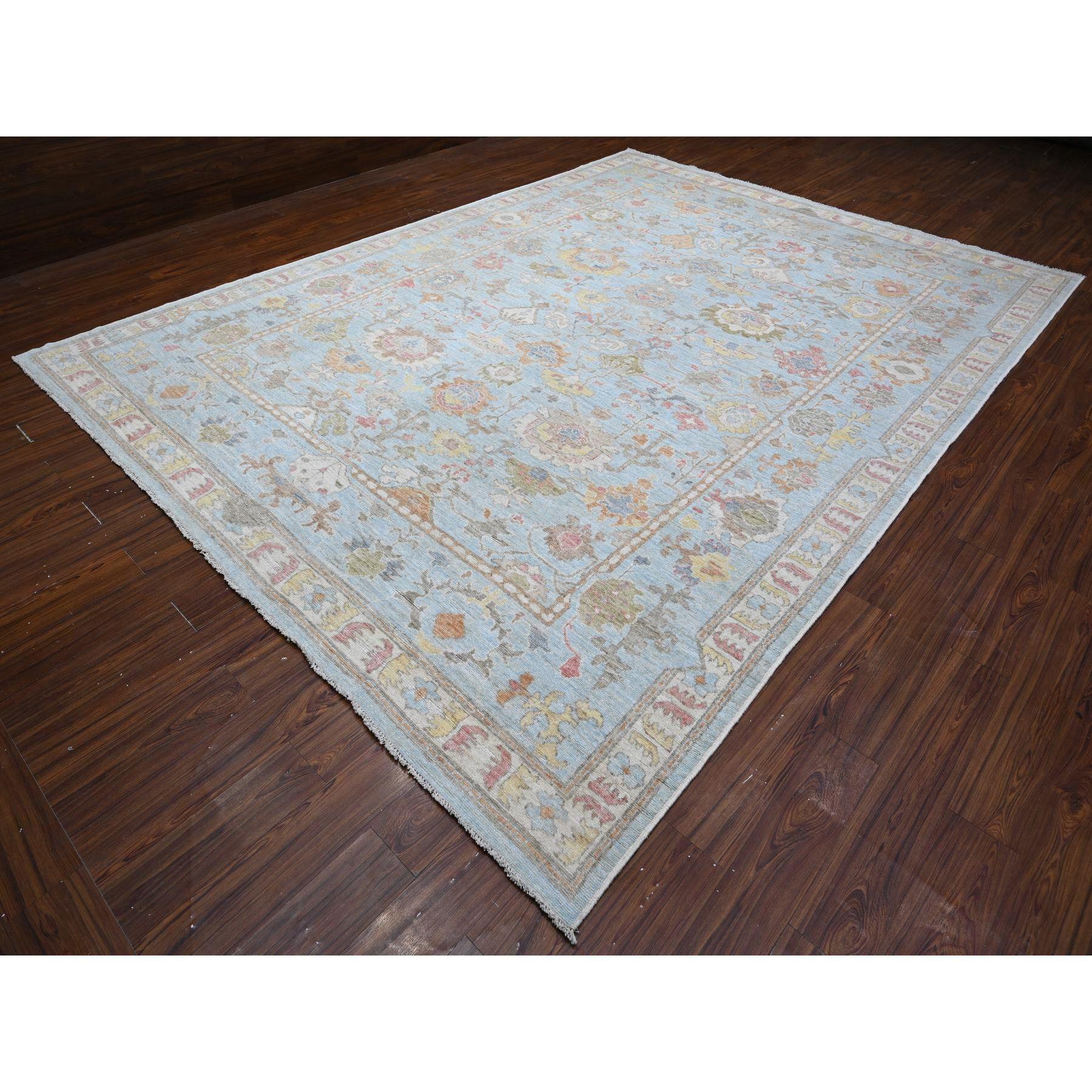 Alfombra Oriental Oushak de Angora con Diseño Tribal de Flores y Hojas Azul Piedra de 10'x13'5 Afgano en venta