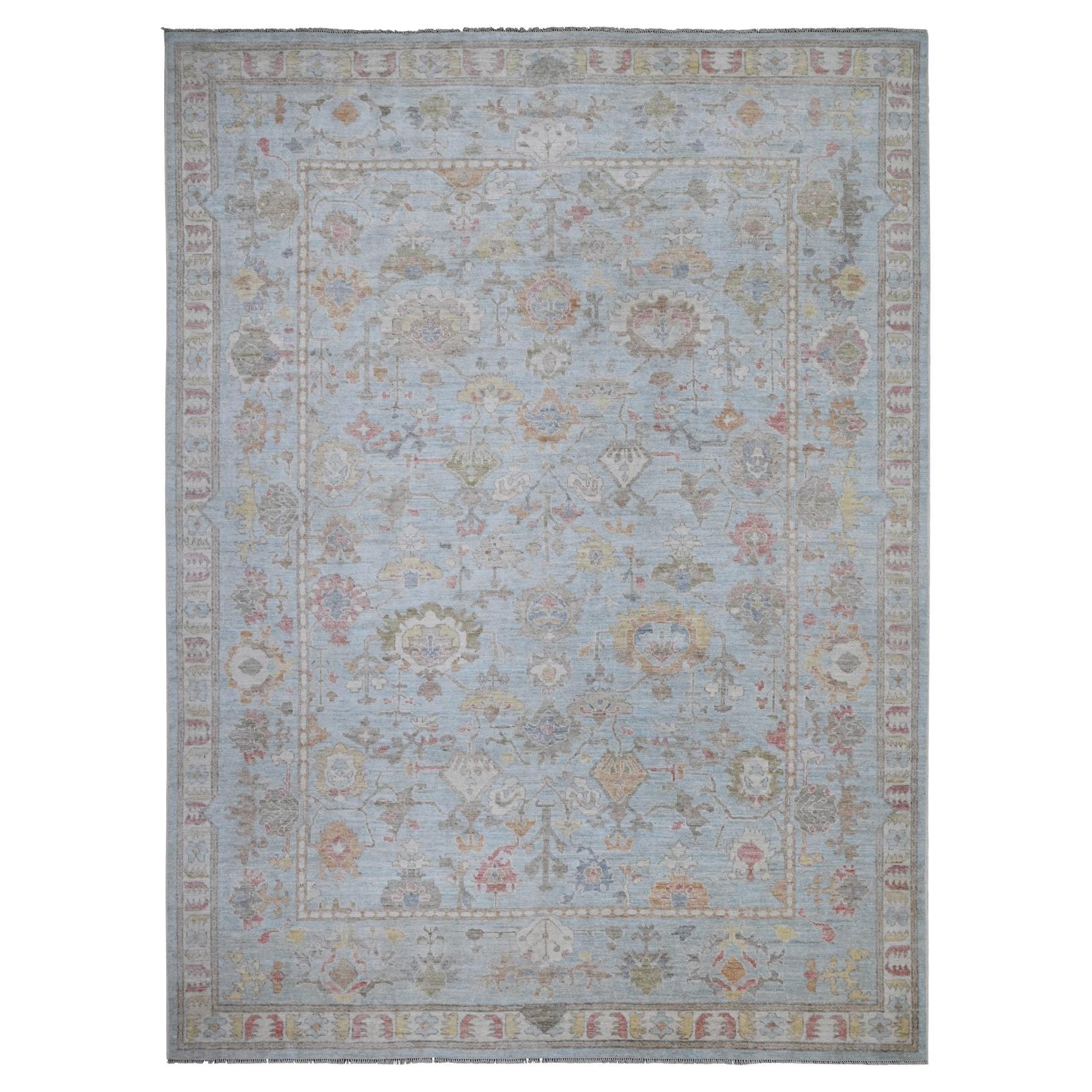Alfombra Oriental Oushak de Angora con Diseño Tribal de Flores y Hojas Azul Piedra de 10'x13'5 en venta
