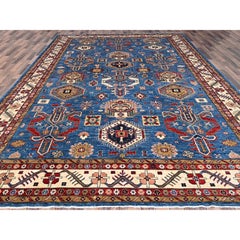 10'x13'5" Teal Hand Knotted Super Kazak Tribal Medallion Design Soft Wool Rug