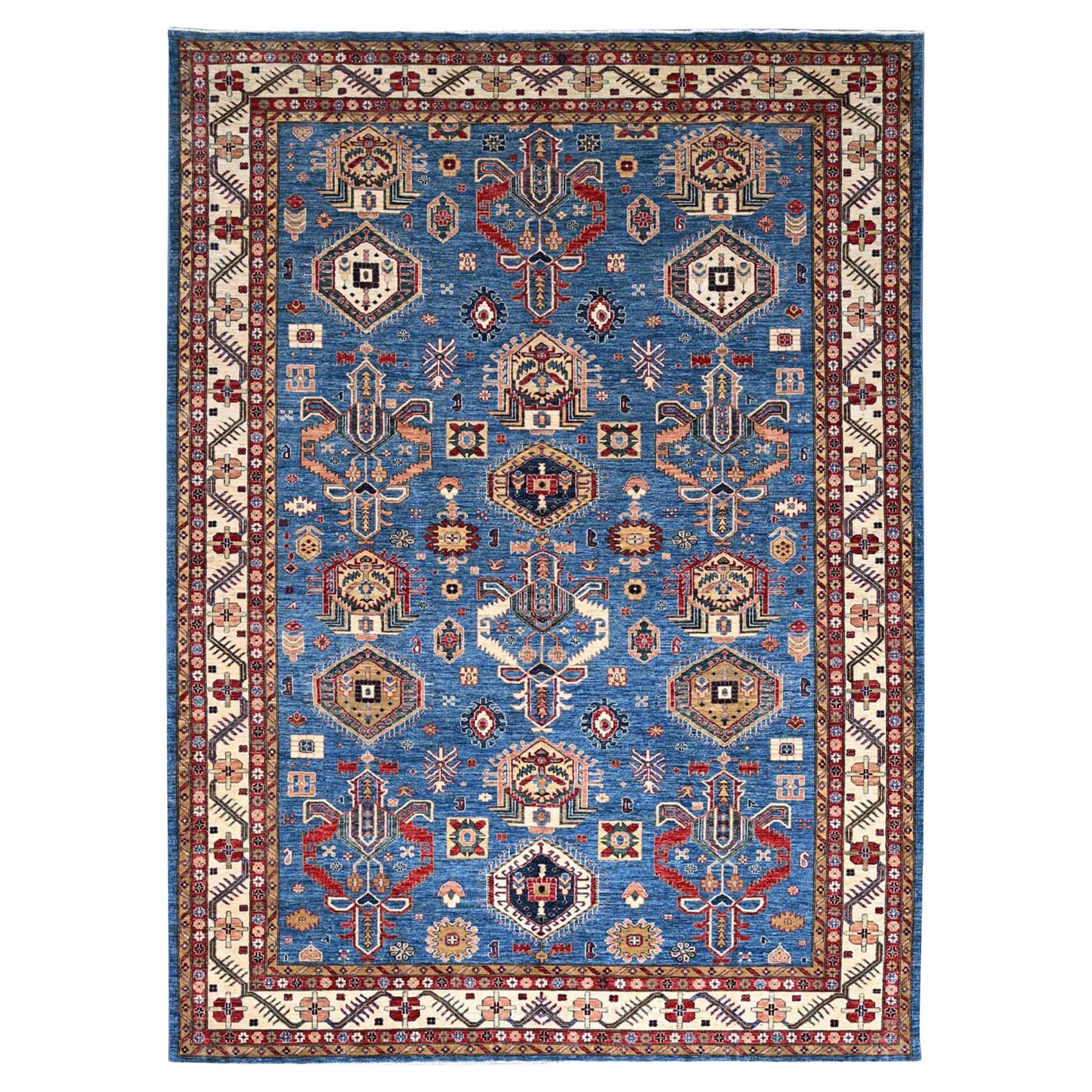 10'x13'5" Teal Hand Knotted Super Kazak Tribal Medallion Design Soft Wool Rug