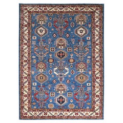 10'x13'5" Teal Anudada a Mano Super Kazak Diseño Tribal Medallón Alfombra de Lana Suave