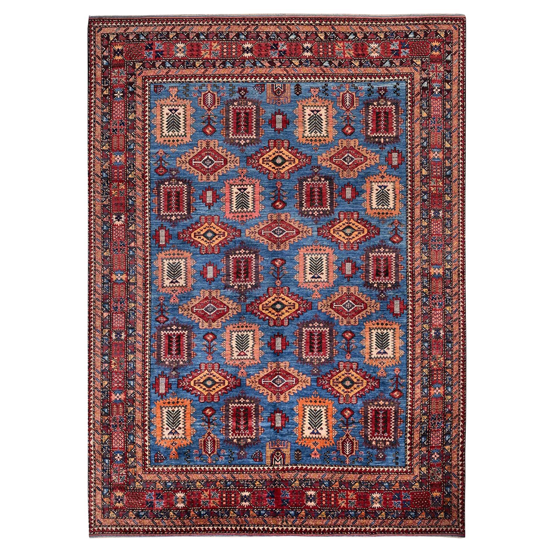 10'x13'6" Blue Afghan Ersari with Caucasian Design Revival Hand Knotted Wool Rug