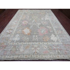 10'x13'6" Brown Hand Knotted Angora Oushak Leaf Design Pure Wool Oriental Rug