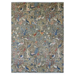 10'x13'6" Tapis de laine gris noué à la main Afghan Peshawar Birds of Paradise Design