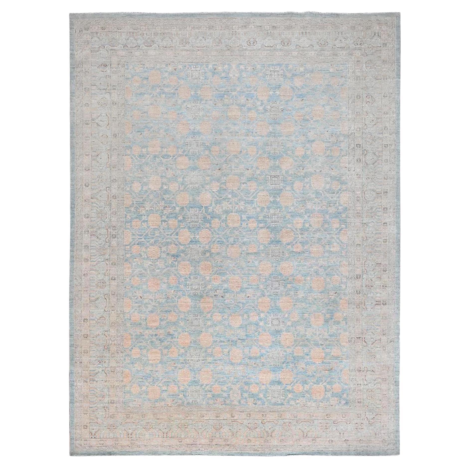 10'x13'6" Murmur bleu Tapis en laine Khotan noué à la main à motifs répétitifs de grenades