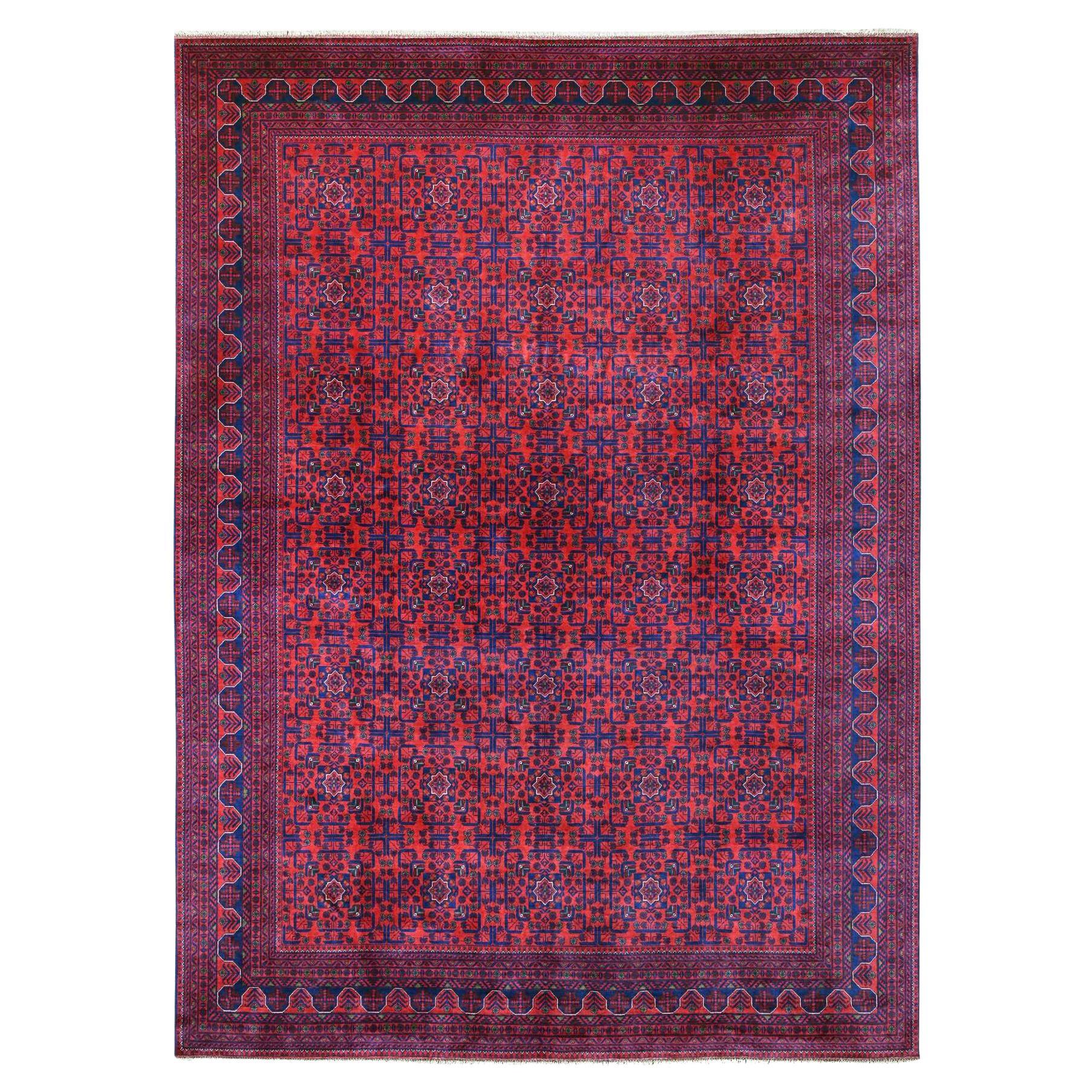 10'x13'6" Red Afghan Khamyab with Repetitive Star Design Wool Hand Knotted Rug