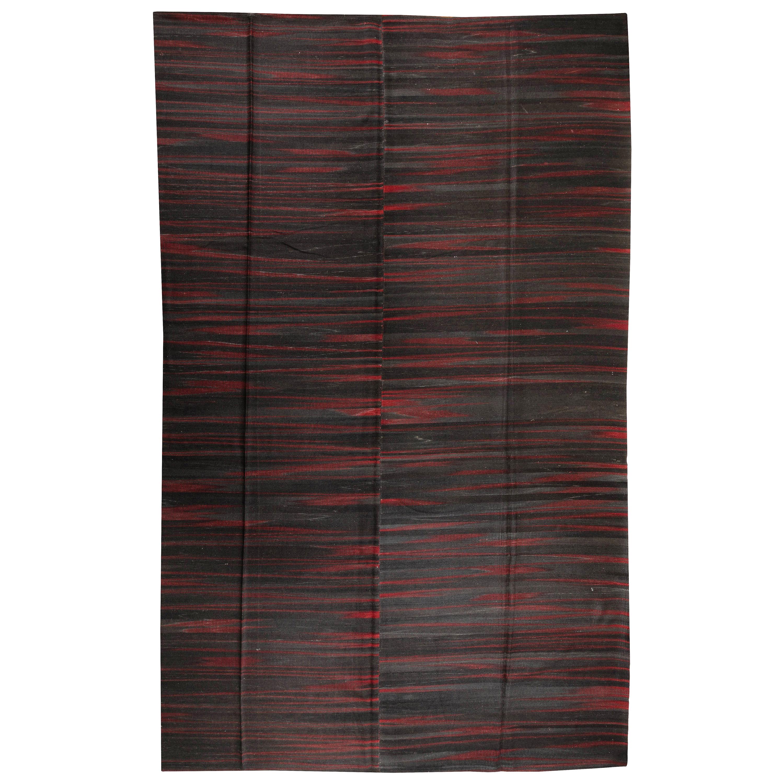 10x13.7 Ft Contemporary Anatolian Double Sided Wool Kilim Rug in Black and Red For Sale