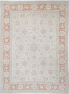10x13.7 ft Hand Knotted Floral Area Rug. Traditional Red and Beige Carpet