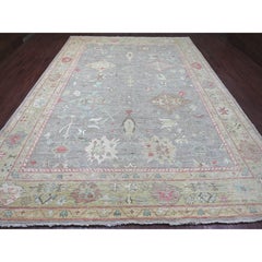 10'x13'7" Misty Gray Angora Oushak Leaf Design Hand Knotted Wool Oriental Rug