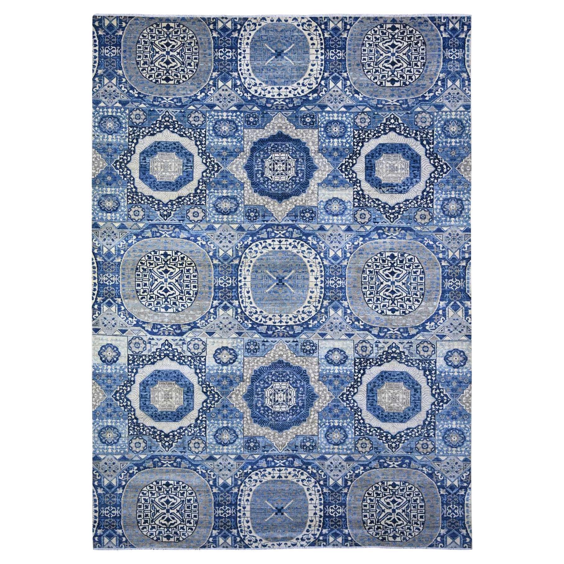 10'x13'8" Blau Mamluke Design Hand geknüpft weiche Wolle Orientteppich im Angebot