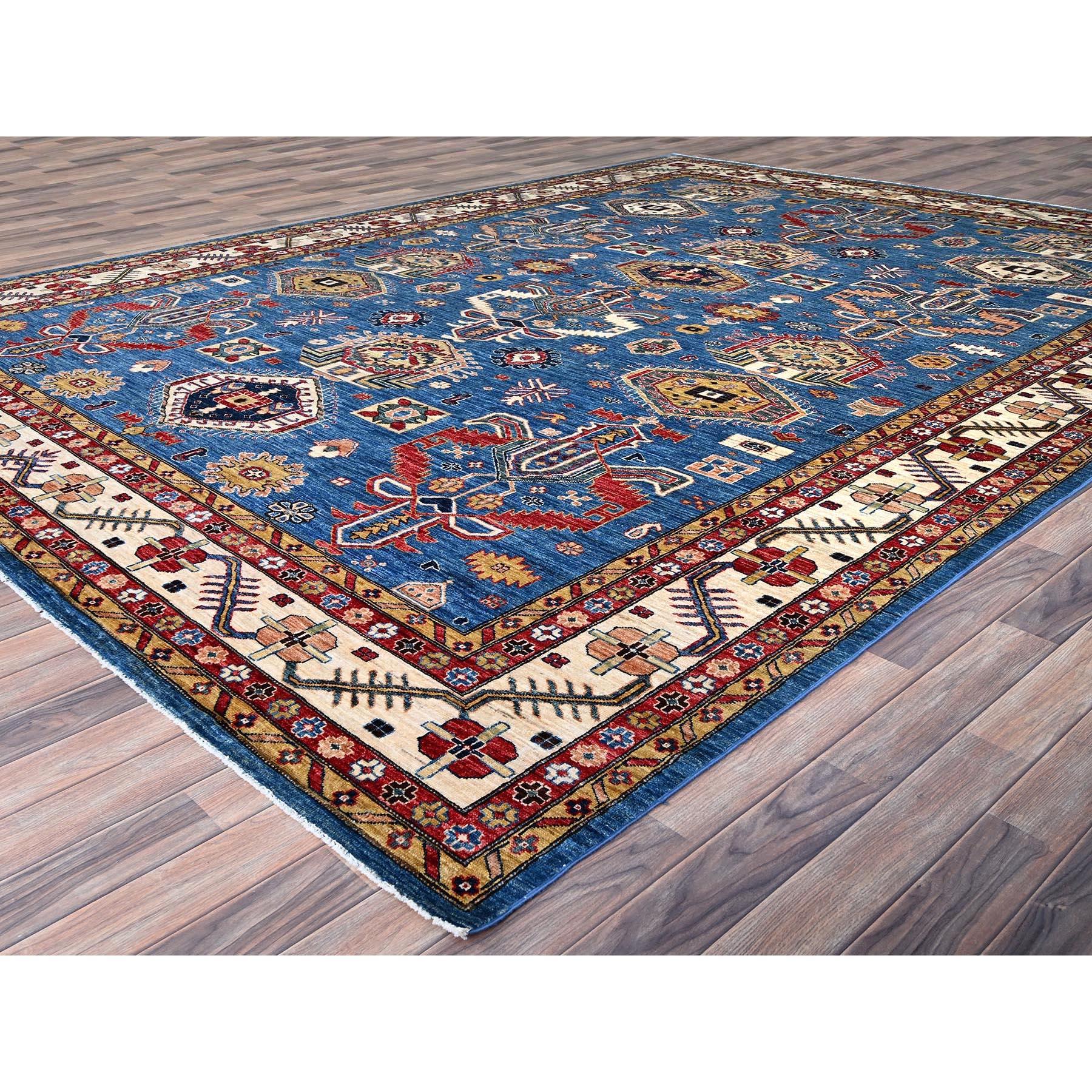 Alfombra Oriental Anudada a Mano de Lana Suave Afgana Super Kazak Azul 10'x13'8 Kazajo en venta