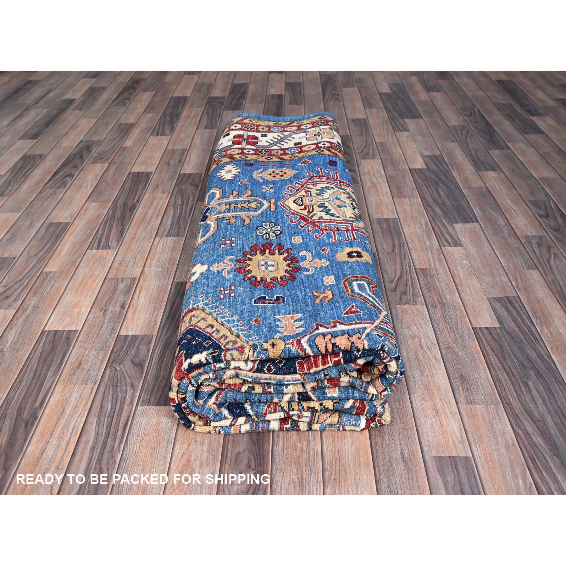 Alfombra Oriental Anudada a Mano de Lana Suave Afgana Super Kazak Azul 10'x13'8 en venta 2