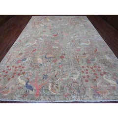 Gray Afghan Peshawar Birds of Paradise Design Tappeto in lana annodato a mano 10'x13'8
