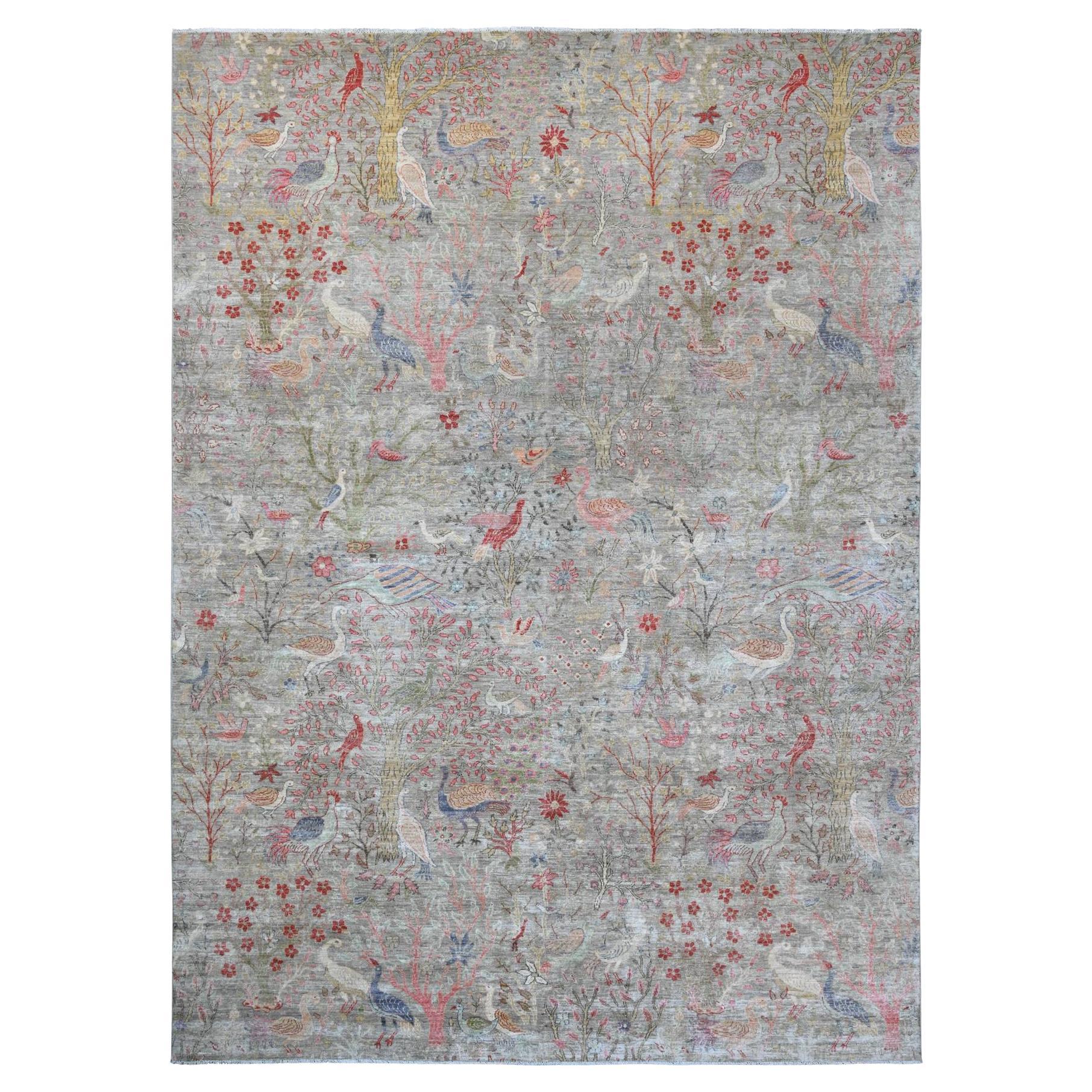 10
x13
8" Grau Afghan Peshawar Paradiesvögel Design Handgeknüpfter Wollteppich im Angebot