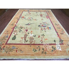 10'x13'8" Green Chinese Art Deco Inspired Peshawar Hand Knotted Soft Wool Rug