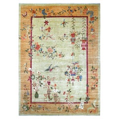 10'x13'8" Green Chinese Art Deco Inspired Peshawar Hand Knotted Soft Wool Rug