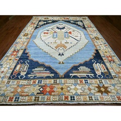 Tappeto in lana a pelo zero con disegno villaggio anatolico azzurro 10'x13'8" annodato a mano