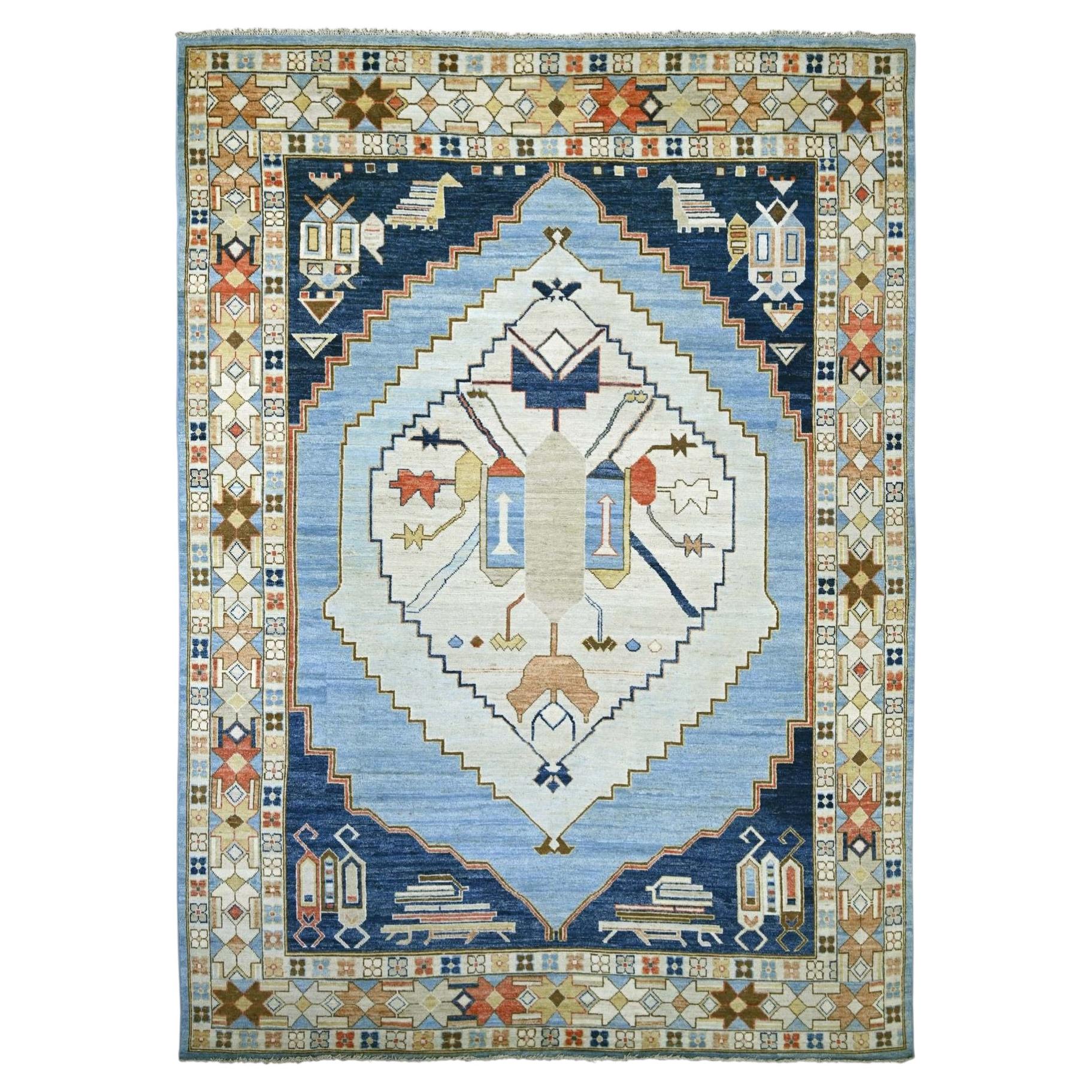 10'x13'8" Light Blue Anatolian Village Design Hand Knotted Zero Pile Wool Rug