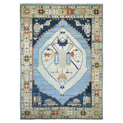 Tappeto in lana a pelo zero con disegno villaggio anatolico azzurro 10'x13'8" annodato a mano