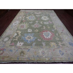 10'x13'8" Moosgrüner Afghanischer Angora Oushak Blatt Design Handgeknüpfter Teppich aus reiner Wolle