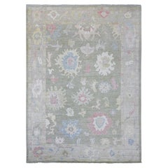 10'x13'8" Moosgrüner Afghanischer Angora Oushak Blatt Design Handgeknüpfter Teppich aus reiner Wolle