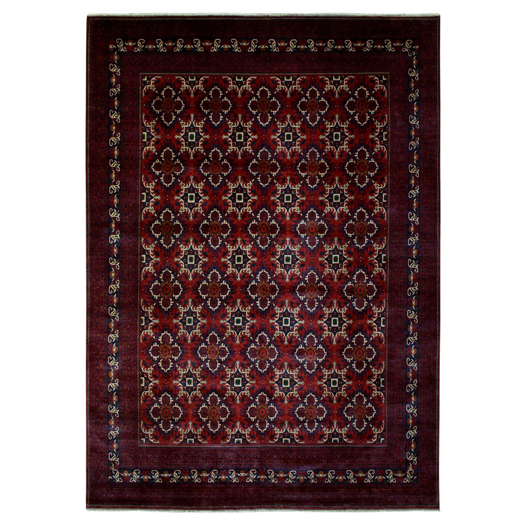 10'x13'8" Red Afghan Khamyab Velvety Wool Geometric Design Hand Knotted Rug