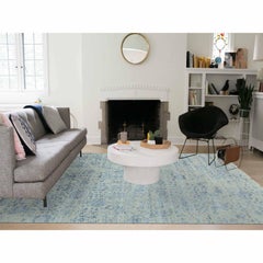 10'x13'8" Silver with Blue Broken Persian Design Wool and Silk Hand Knotted Rug