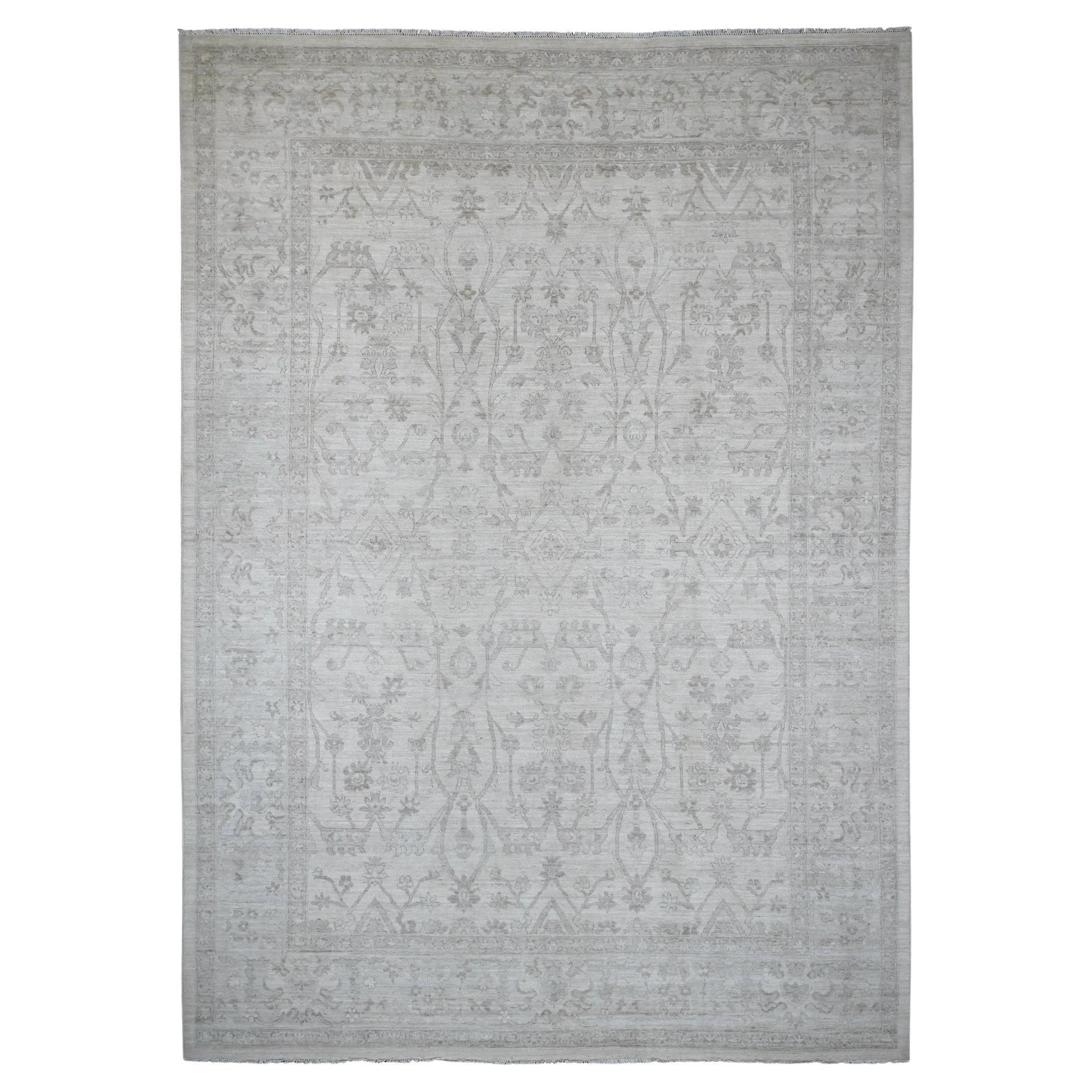 10'x13'8" White Hand Knotted Washed Out Peshawar Vines Design Wool Oriental Rug