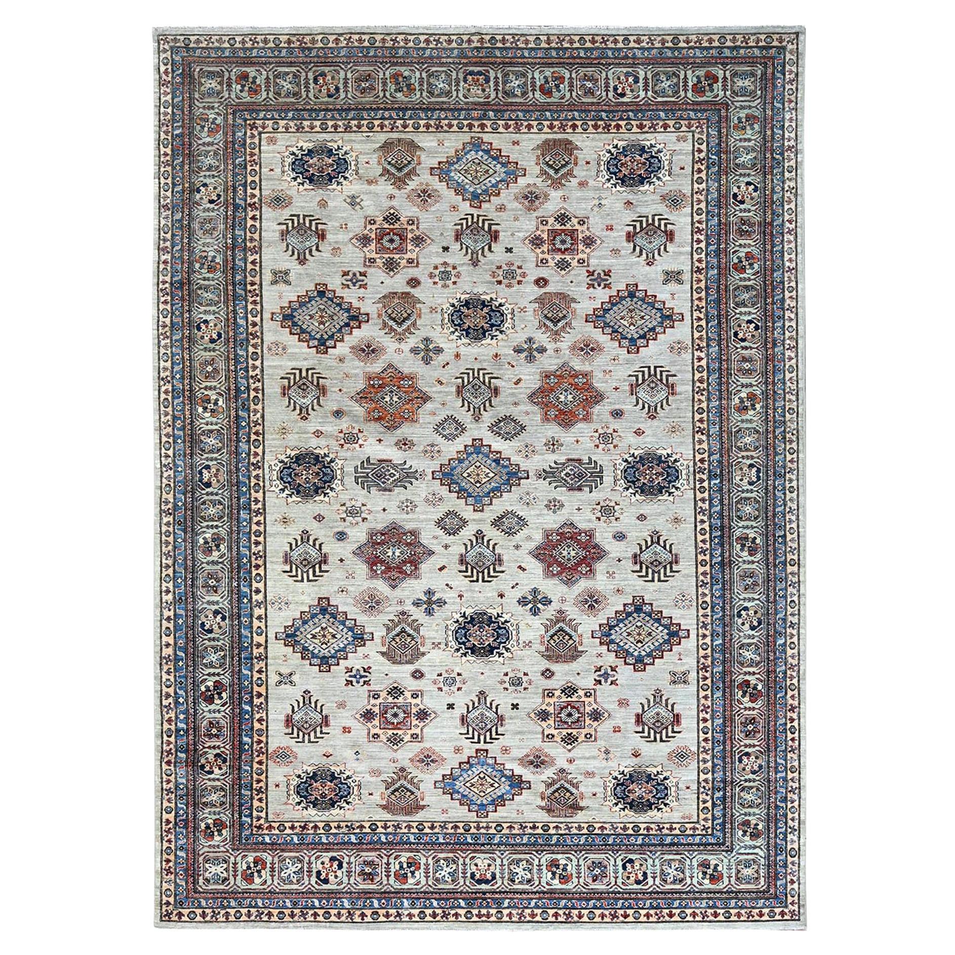 10'x13'8" Wickham Gray Hand Knotted Pure Wool Afghan Super Kazak Oriental Rug