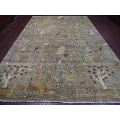 10'x13'9" Marrone Peshawar Birds of Paradise Design Tappeto Orientale in Lana Annodato a Mano