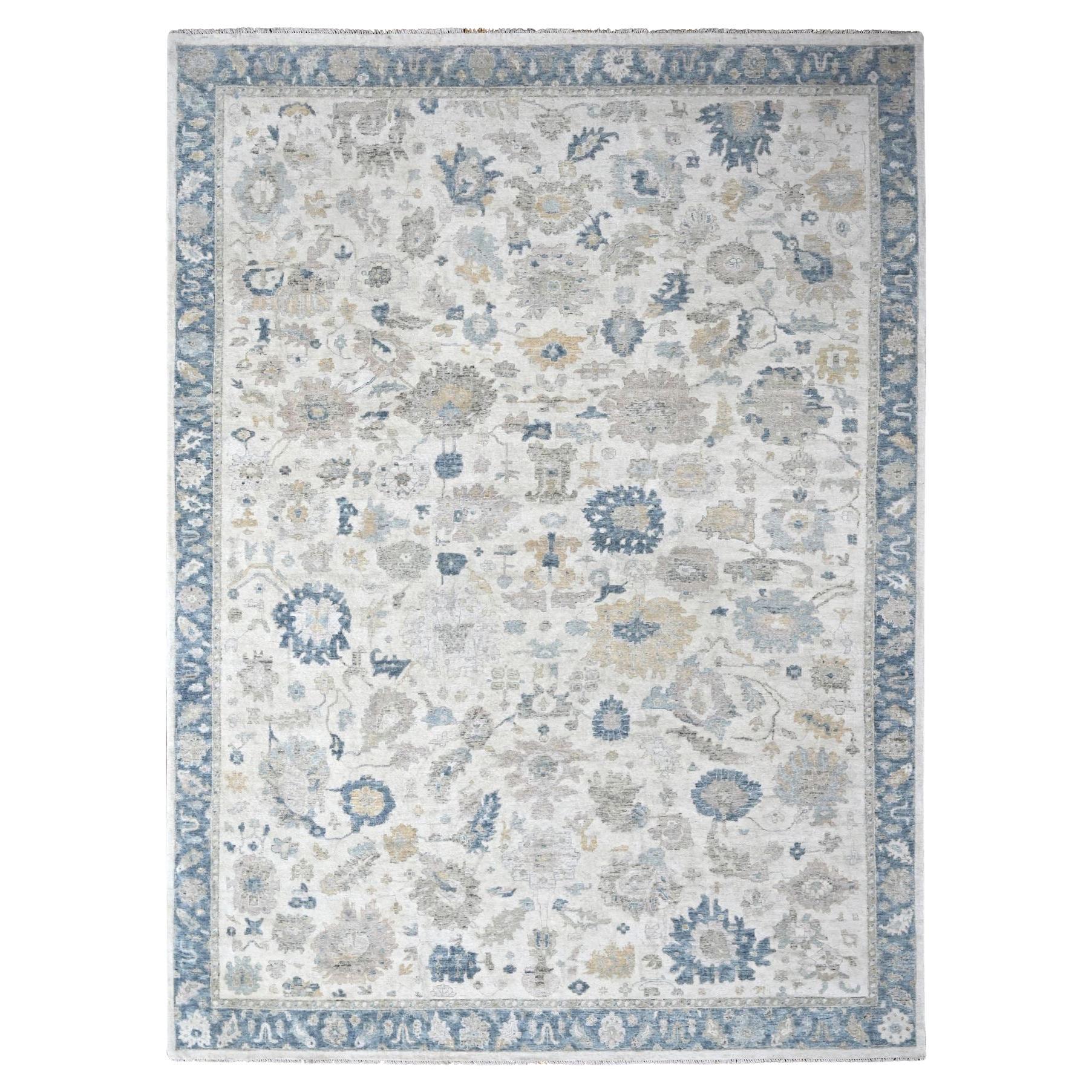 10'x13'9" Chiffon Weißer handgeknüpfter antiker persischer reiner Wollteppich im Distressed-Stil im Used-Look