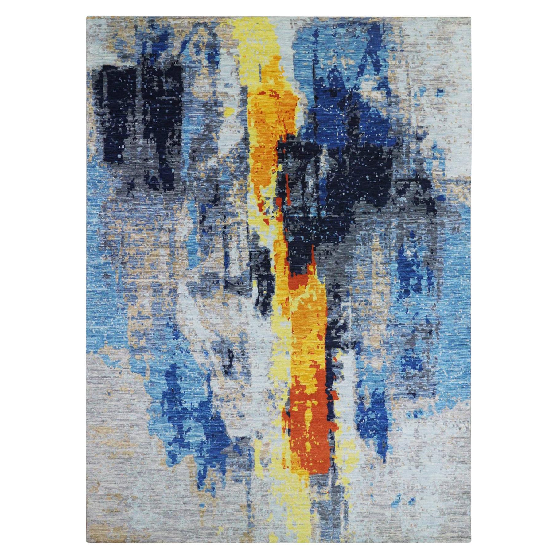 10'x13'9" Cloud Gray Colorful Modern Abstract Design Hand Knotted Pure Wool Rug