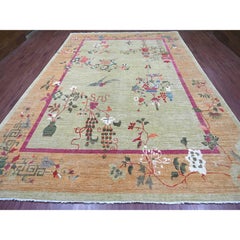 10'x13'9" Green Hand Knotted Chinese Art Deco Inspired Peshawar Soft Wool Rug