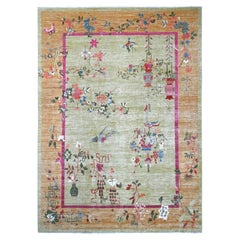 10'x13'9" Green Hand Knotted Chinese Art Deco Inspired Peshawar Soft Wool Rug