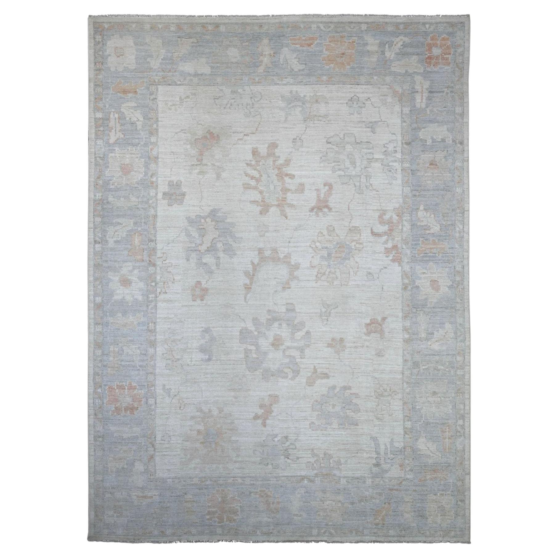 10'x13'9" Ivory Afghan Angora Oushak with Leaf Design Hand Knotted Wool Rug
