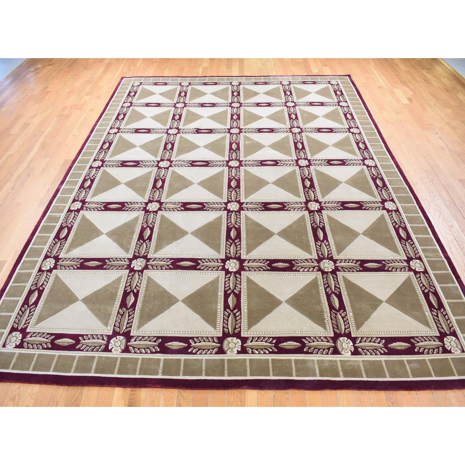 Ivory, Hand Knotted, Modern Nepali Neo Classic Block Design, Pure Wool, Oriental Rug
Primary materials: Wool
Latex: No Pile 
height: 0.25 Inches
Style: Transitional
Primary color: Ivory
Secondary colors: Brown, Burgundy
Pattern: Oriental