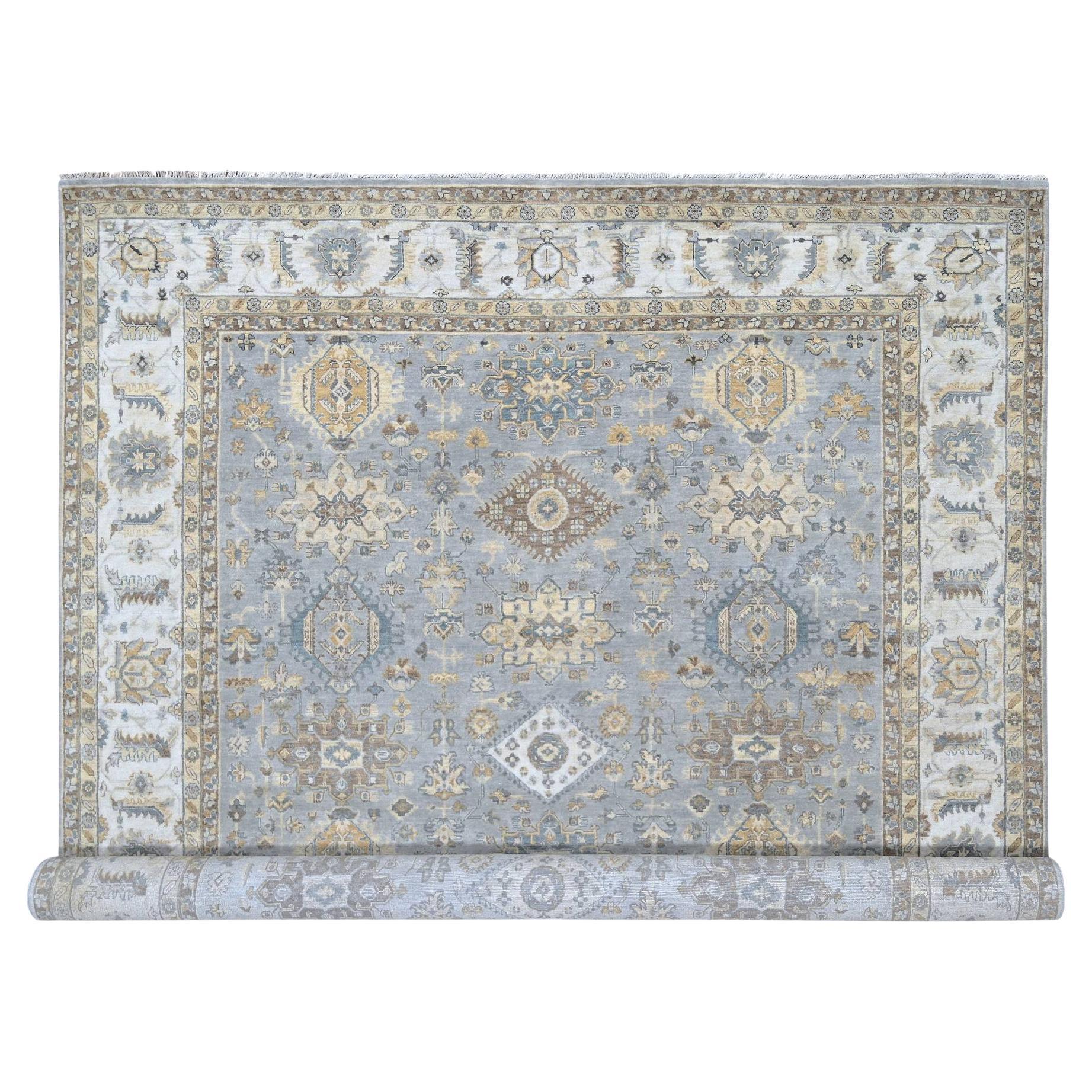 10'x13'9" Rainer Gray Karajeh Geometric Design Hand Knotted 100% Wool Rug For Sale