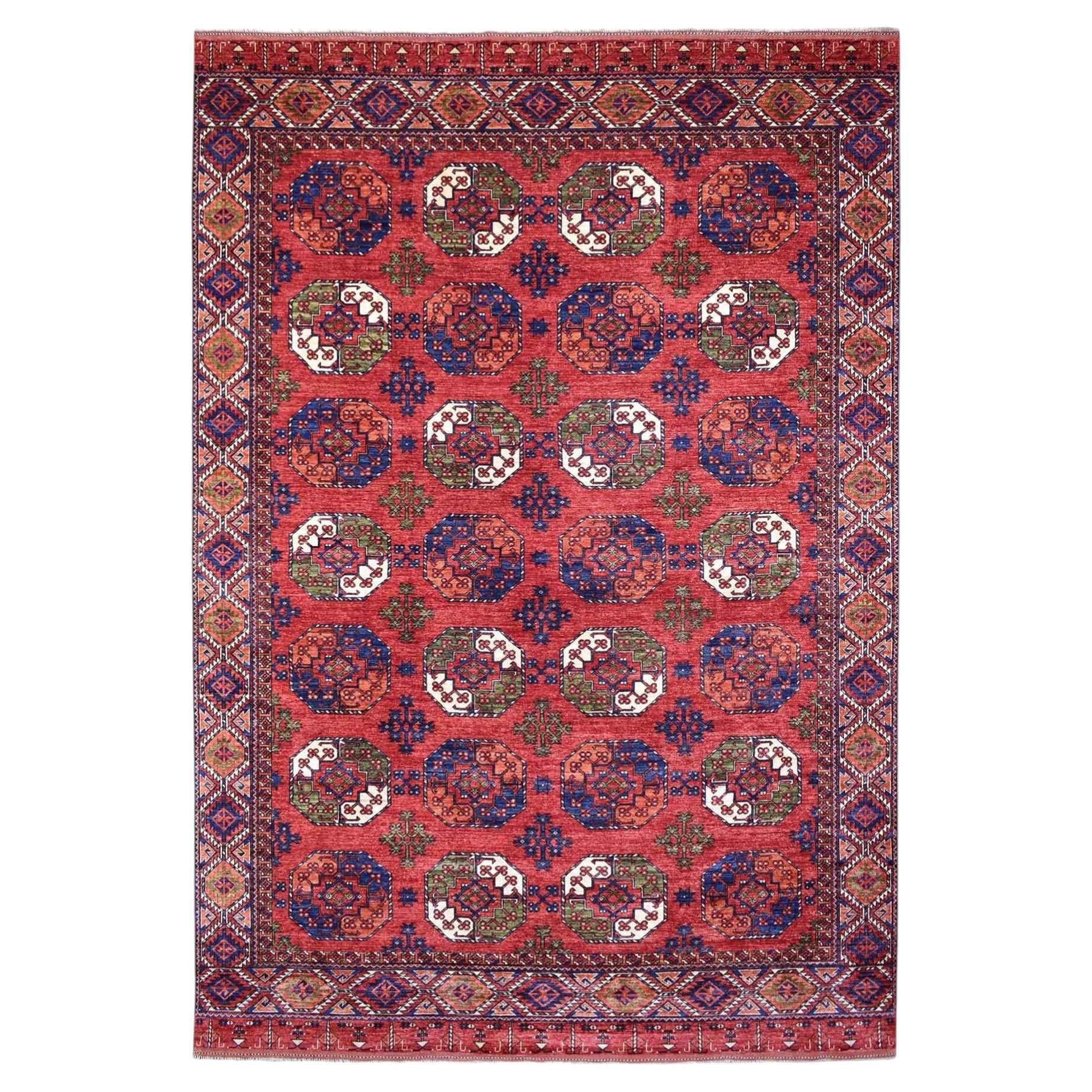 Alfombra oriental afgana Ersari de lana suave, anudada a mano, de color rojo coral, de 10'x13'9"