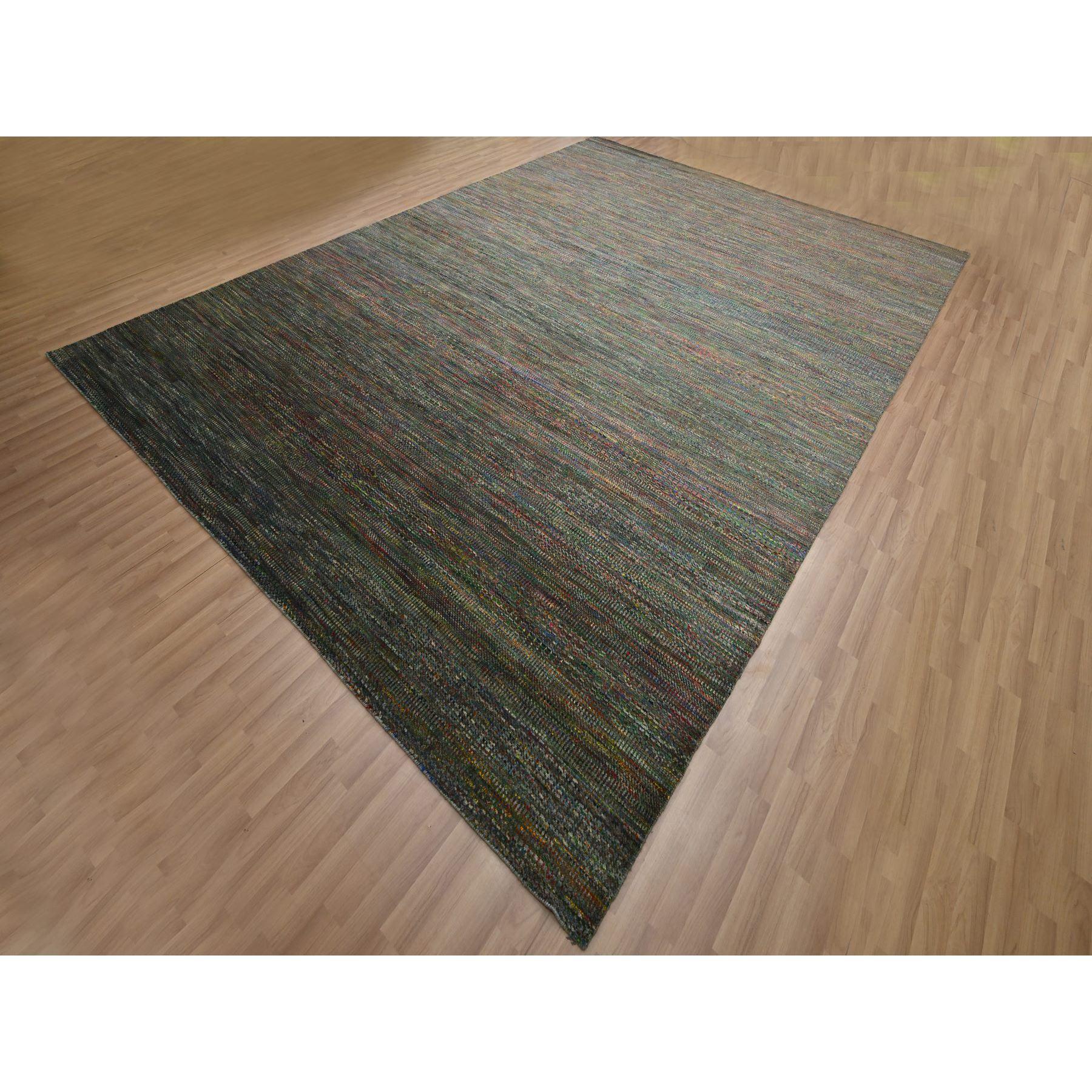 Moderno 10'x14' Asphalt Black Modern Grass Design Tappeto in lana e seta annodato a mano in vendita