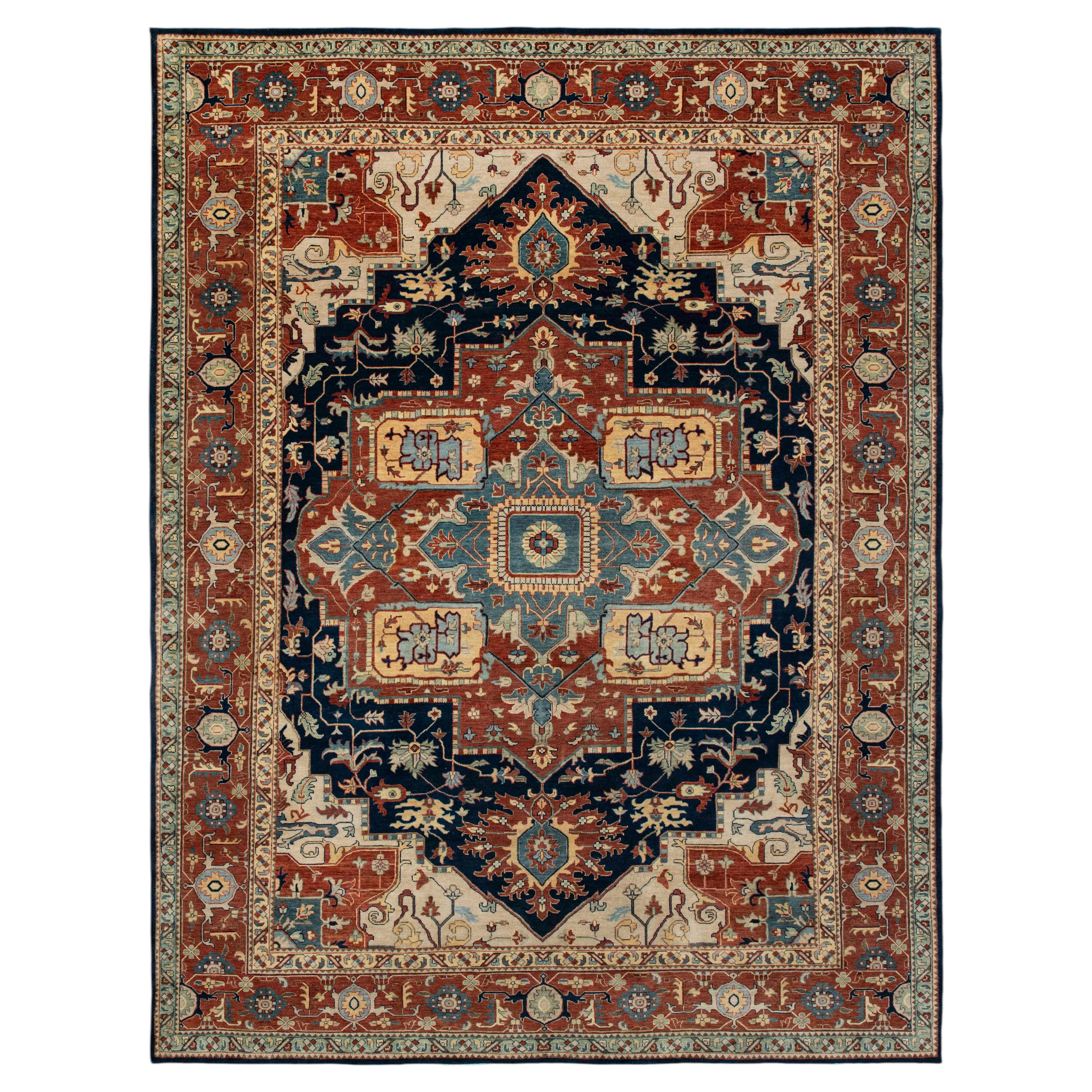 10x14 Beige Red N. Blue Serapi Heriz Hand Knotted Oushak Rug ( G-13217)